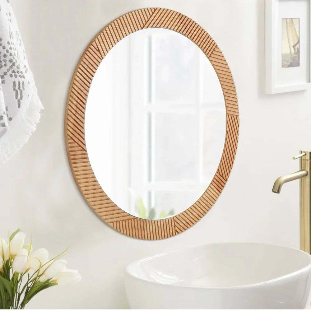 NEW West Elm Large Round Mirror Grooved Wood Boho Wall Hanging Decor - 24” Diam